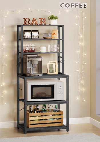 VASAGLE Kaffebar, Bakst�ll f�r K�k med F�rvaring, 6-v�ningars K�kshyllor med 6 krokar, Mikrov�gsugnsst�ll, Industriell, 15,7 x 23,6 x 65,7 tum, Antracitgr� och Bl�cksvart UKKS024B22