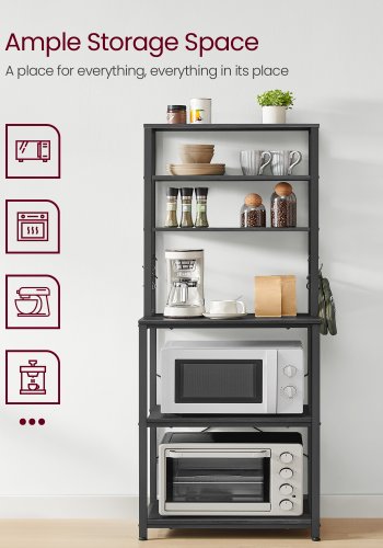 VASAGLE Kaffebar, bagerist til k�kken med opbevaring, 6-lags k�kkenhylder med 6 kroge, mikrob�lgeovnsstativ, industriel, 15,7 x 23,6 x 65,7 tommer, antracitgr� og bl�ksort UKKS024B22