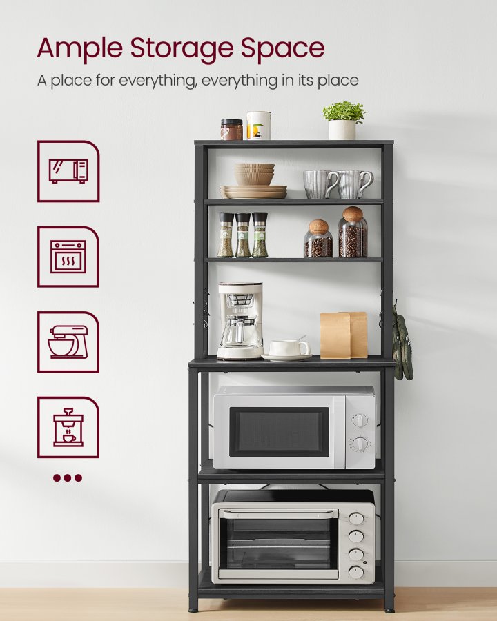 VASAGLE Kaffebar, bagerist til k�kken med opbevaring, 6-lags k�kkenhylder med 6 kroge, mikrob�lgeovnsstativ, industriel, 15,7 x 23,6 x 65,7 tommer, antracitgr� og bl�ksort UKKS024B22