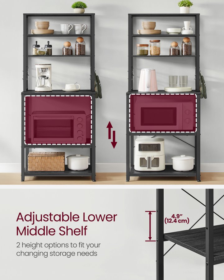 VASAGLE Kaffebar, bagerist til k�kken med opbevaring, 6-lags k�kkenhylder med 6 kroge, mikrob�lgeovnsstativ, industriel, 15,7 x 23,6 x 65,7 tommer, antracitgr� og bl�ksort UKKS024B22