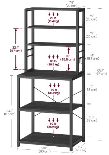 VASAGLE Kaffebar, bagerist til k�kken med opbevaring, 6-lags k�kkenhylder med 6 kroge, mikrob�lgeovnsstativ, industriel, 15,7 x 23,6 x 65,7 tommer, antracitgr� og bl�ksort UKKS024B22
