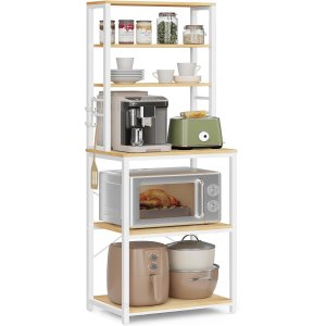 VASAGLE K�kkenopbevaringsreol, Kaffebar, Bagerist, I alt 6 hylder og 6 kroge, til mikrob�lgeovn, St�lramme, Industriel, 40 x 60 x 167 cm, Egefarve og Hvid KKS024W09