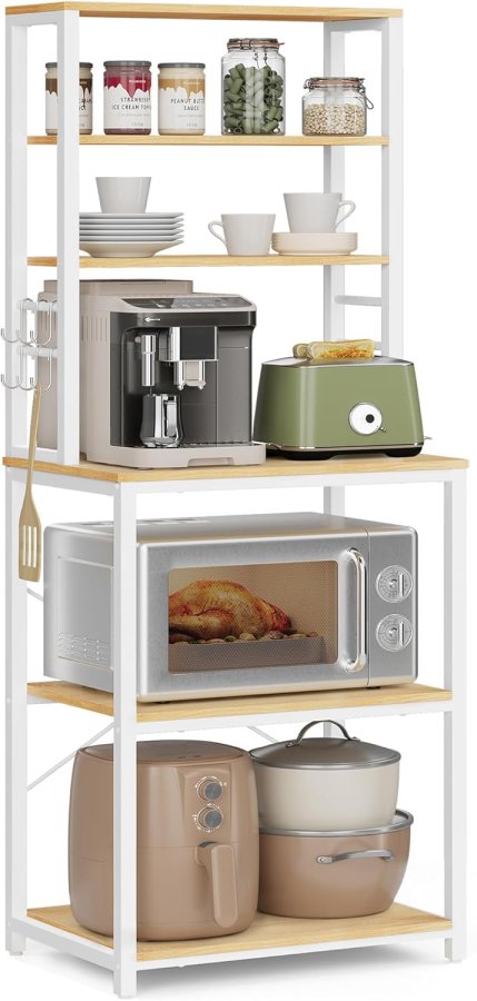 VASAGLE K�kkenopbevaringsreol, Kaffebar, Bagerist, I alt 6 hylder og 6 kroge, til mikrob�lgeovn, St�lramme, Industriel, 40 x 60 x 167 cm, Egefarve og Hvid KKS024W09