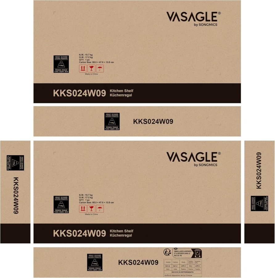 VASAGLE K�kkenopbevaringsreol, Kaffebar, Bagerist, I alt 6 hylder og 6 kroge, til mikrob�lgeovn, St�lramme, Industriel, 40 x 60 x 167 cm, Egefarve og Hvid KKS024W09