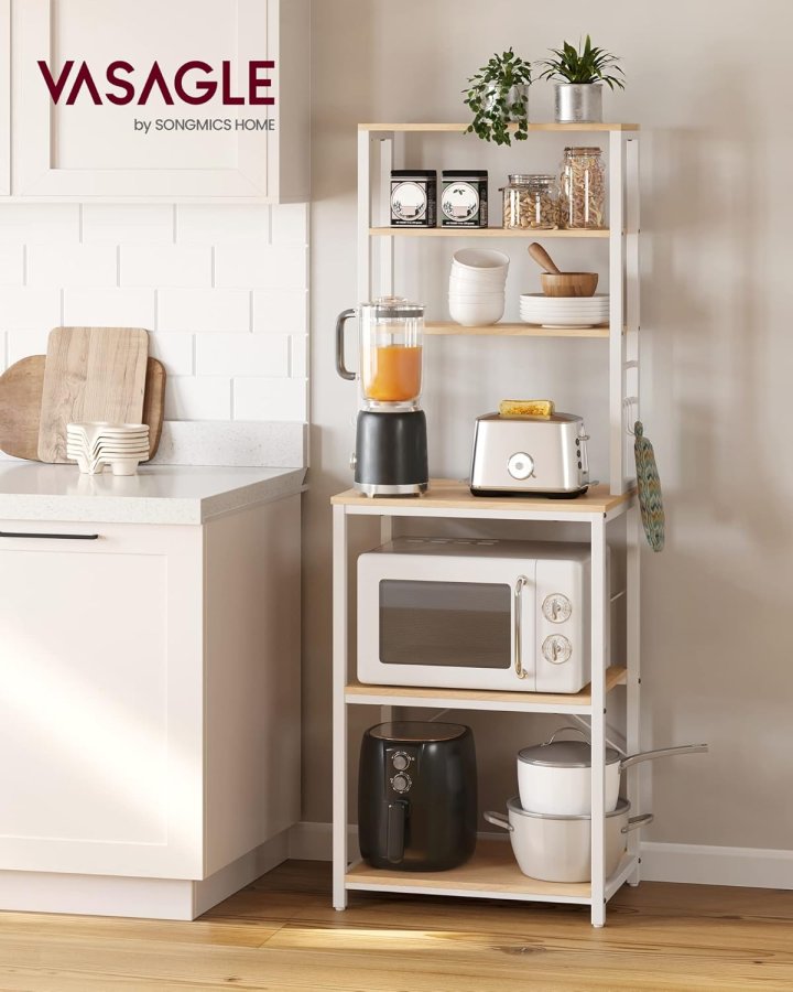 VASAGLE K�kkenopbevaringsreol, Kaffebar, Bagerist, I alt 6 hylder og 6 kroge, til mikrob�lgeovn, St�lramme, Industriel, 40 x 60 x 167 cm, Egefarve og Hvid KKS024W09