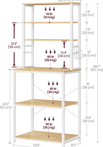 VASAGLE K�kkenopbevaringsreol, Kaffebar, Bagerist, I alt 6 hylder og 6 kroge, til mikrob�lgeovn, St�lramme, Industriel, 40 x 60 x 167 cm, Egefarve og Hvid KKS024W09