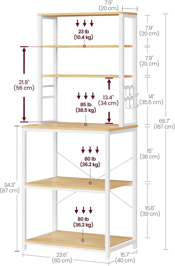 VASAGLE K�kkenopbevaringsreol, Kaffebar, Bagerist, I alt 6 hylder og 6 kroge, til mikrob�lgeovn, St�lramme, Industriel, 40 x 60 x 167 cm, Egefarve og Hvid KKS024W09