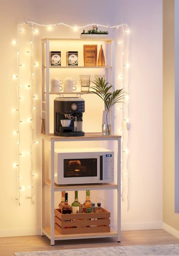 VASAGLE K�kkenopbevaringsreol, Kaffebar, Bagerist, I alt 6 hylder og 6 kroge, til mikrob�lgeovn, St�lramme, Industriel, 40 x 60 x 167 cm, Egefarve og Hvid KKS024W09