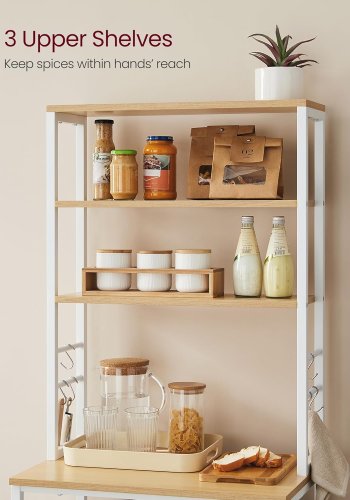 VASAGLE K�kkenopbevaringsreol, Kaffebar, Bagerist, I alt 6 hylder og 6 kroge, til mikrob�lgeovn, St�lramme, Industriel, 40 x 60 x 167 cm, Egefarve og Hvid KKS024W09