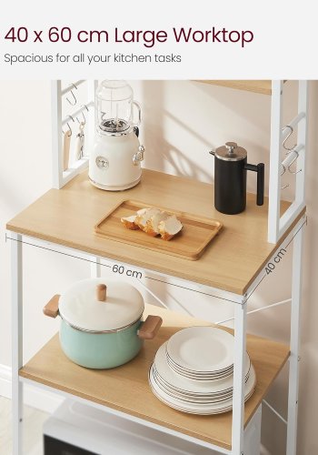 VASAGLE K�kkenopbevaringsreol, Kaffebar, Bagerist, I alt 6 hylder og 6 kroge, til mikrob�lgeovn, St�lramme, Industriel, 40 x 60 x 167 cm, Egefarve og Hvid KKS024W09