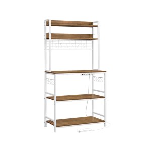 VASAGLE KKS025W41EU K�kkenhylde med stikkontakter, Mikrob�lgeovnshylde med gitterplade, 14 kroge, 40 x 80 x 170 cm, Vintage brun/hvid