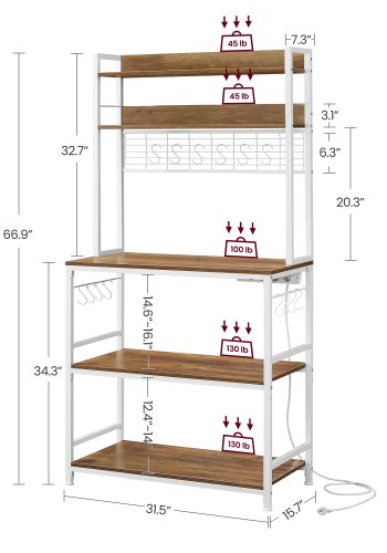VASAGLE KKS025W41EU K�kkenhylde med stikkontakter, Mikrob�lgeovnshylde med gitterplade, 14 kroge, 40 x 80 x 170 cm, Vintage brun/hvid
