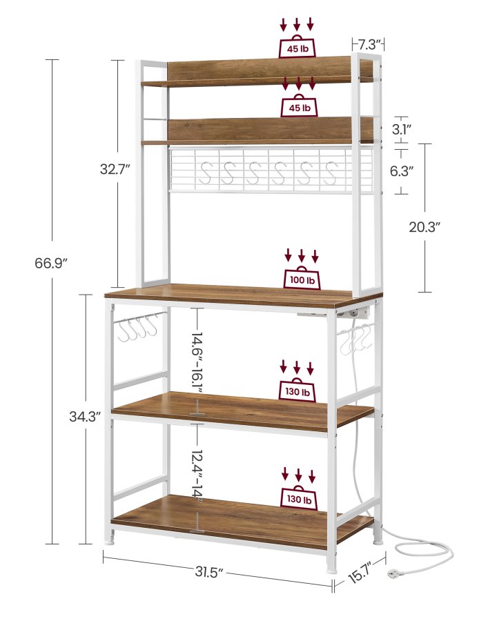 VASAGLE KKS025W41EU K�kkenhylde med stikkontakter, Mikrob�lgeovnshylde med gitterplade, 14 kroge, 40 x 80 x 170 cm, Vintage brun/hvid