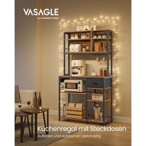 VASAGLE K�kkenhylde med str�mskinne, Kaffebar med justerbare hylder, stofskuffe, 12 kroge, 40 x 100 x 180,2 cm, Mikrob�lgeovnsstativ, Rustik brun og bl�ksort KKS027K02