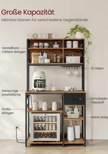 VASAGLE K�kkenhylde med str�mskinne, Kaffebar med justerbare hylder, stofskuffe, 12 kroge, 40 x 100 x 180,2 cm, Mikrob�lgeovnsstativ, Rustik brun og bl�ksort KKS027K02