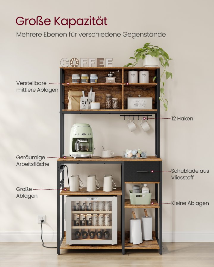 VASAGLE K�kkenhylde med str�mskinne, Kaffebar med justerbare hylder, stofskuffe, 12 kroge, 40 x 100 x 180,2 cm, Mikrob�lgeovnsstativ, Rustik brun og bl�ksort KKS027K02