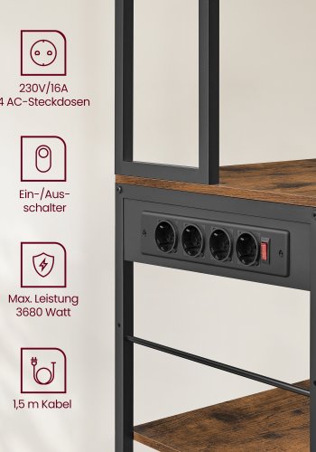 VASAGLE K�kkenhylde med str�mskinne, Kaffebar med justerbare hylder, stofskuffe, 12 kroge, 40 x 100 x 180,2 cm, Mikrob�lgeovnsstativ, Rustik brun og bl�ksort KKS027K02