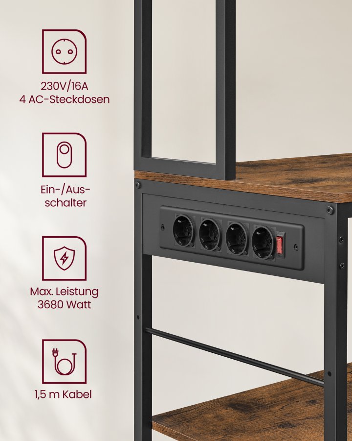 VASAGLE K�kkenhylde med str�mskinne, Kaffebar med justerbare hylder, stofskuffe, 12 kroge, 40 x 100 x 180,2 cm, Mikrob�lgeovnsstativ, Rustik brun og bl�ksort KKS027K02