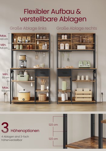 VASAGLE K�kkenhylde med str�mskinne, Kaffebar med justerbare hylder, stofskuffe, 12 kroge, 40 x 100 x 180,2 cm, Mikrob�lgeovnsstativ, Rustik brun og bl�ksort KKS027K02