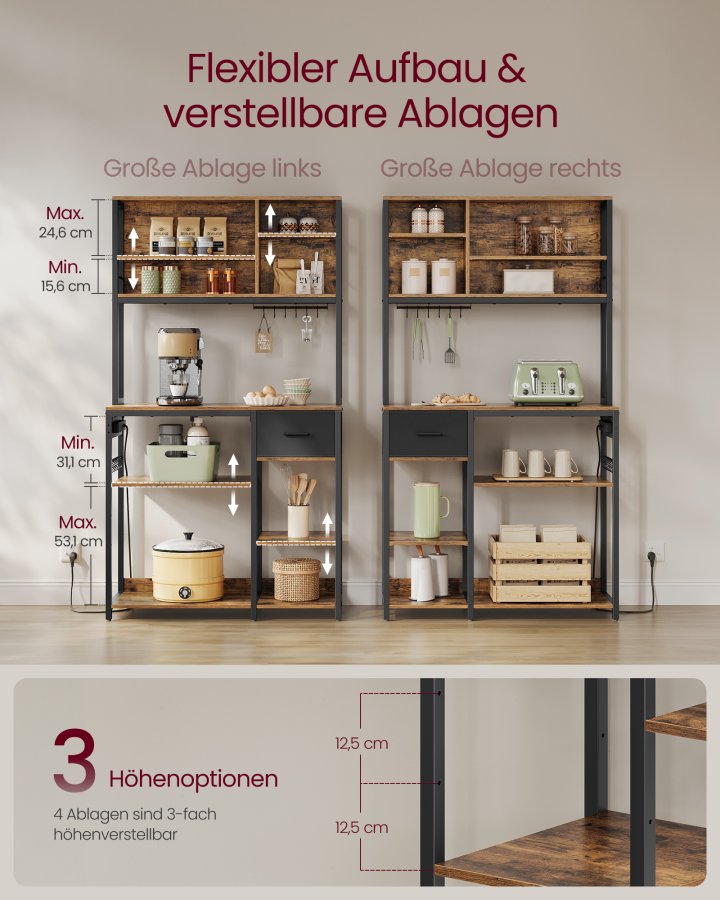 VASAGLE K�kkenhylde med str�mskinne, Kaffebar med justerbare hylder, stofskuffe, 12 kroge, 40 x 100 x 180,2 cm, Mikrob�lgeovnsstativ, Rustik brun og bl�ksort KKS027K02
