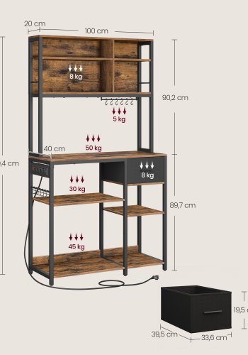 VASAGLE K�kkenhylde med str�mskinne, Kaffebar med justerbare hylder, stofskuffe, 12 kroge, 40 x 100 x 180,2 cm, Mikrob�lgeovnsstativ, Rustik brun og bl�ksort KKS027K02