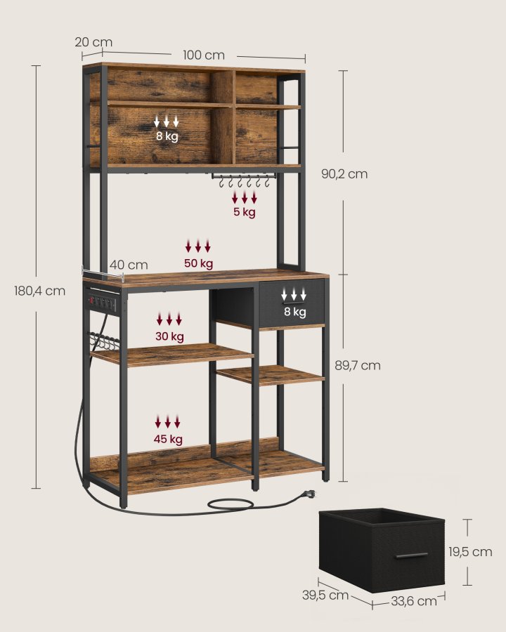 VASAGLE K�kkenhylde med str�mskinne, Kaffebar med justerbare hylder, stofskuffe, 12 kroge, 40 x 100 x 180,2 cm, Mikrob�lgeovnsstativ, Rustik brun og bl�ksort KKS027K02