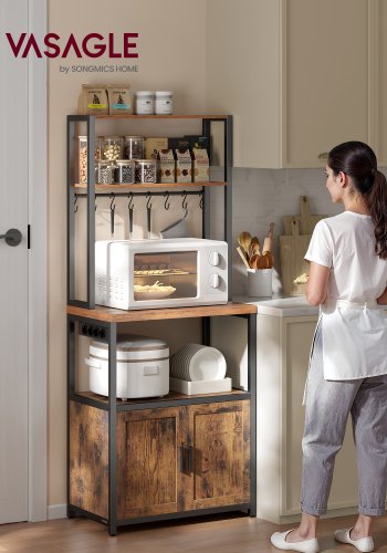 VASAGLE KKS058K02 k�kkenreol, m. stikd�se, 2 l�ger, 2 hylder, 1 bordplade, 8 kroge - rustik brun sp�nplade og bl�ksort st�l (H:170)