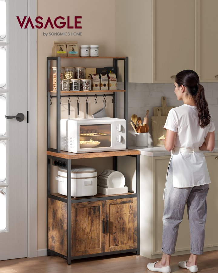 VASAGLE KKS058K02 K�kkenhylde med stikd�se, kaffebar med bordplade, h�jde 90 cm, mikrob�lgeovnsstativ med 8 kroge, 40 x 60 x 170 cm, rustik brun og bl�ksort