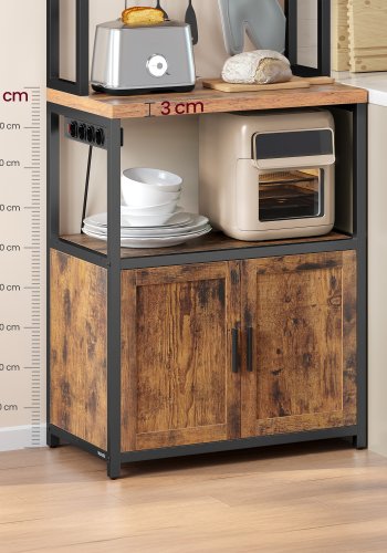 VASAGLE KKS058K02 k�kkenreol, m. stikd�se, 2 l�ger, 2 hylder, 1 bordplade, 8 kroge - rustik brun sp�nplade og bl�ksort st�l (H:170)