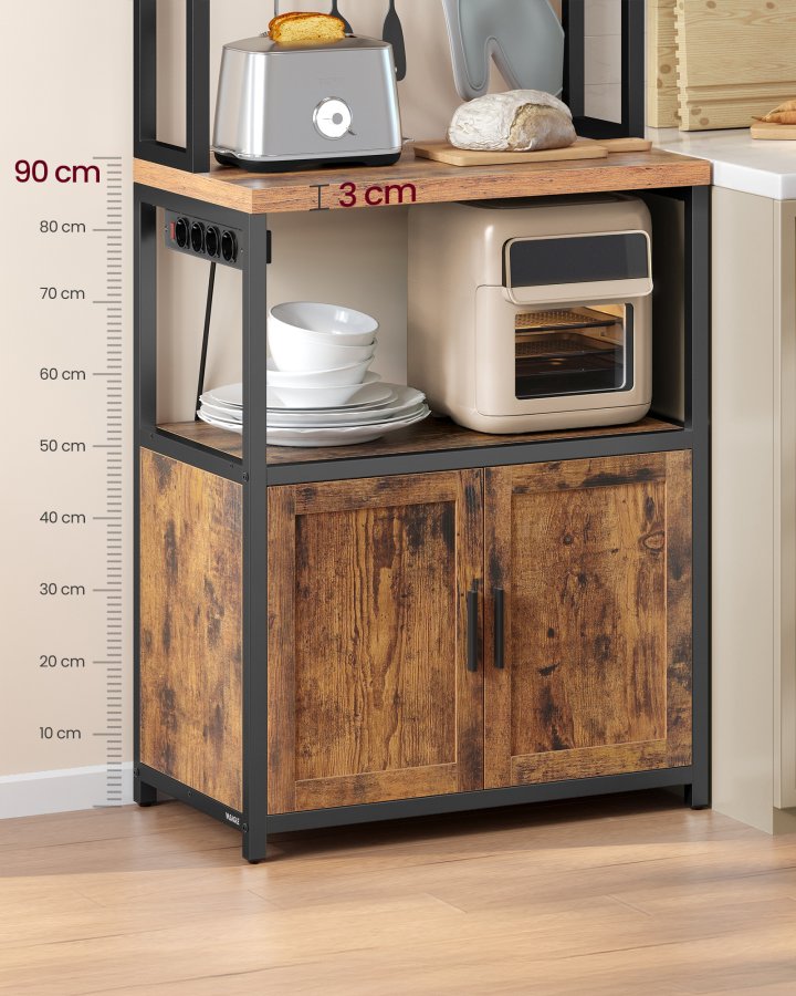 VASAGLE KKS058K02 K�kkenhylde med stikd�se, kaffebar med bordplade, h�jde 90 cm, mikrob�lgeovnsstativ med 8 kroge, 40 x 60 x 170 cm, rustik brun og bl�ksort