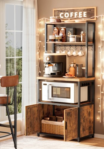 VASAGLE KKS058K02 K�kkenhylde med stikd�se, kaffebar med bordplade, h�jde 90 cm, mikrob�lgeovnsstativ med 8 kroge, 40 x 60 x 170 cm, rustik brun og bl�ksort