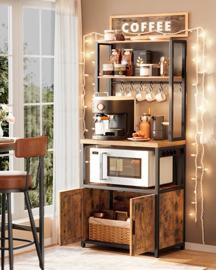 VASAGLE KKS058K02 K�kkenhylde med stikd�se, kaffebar med bordplade, h�jde 90 cm, mikrob�lgeovnsstativ med 8 kroge, 40 x 60 x 170 cm, rustik brun og bl�ksort