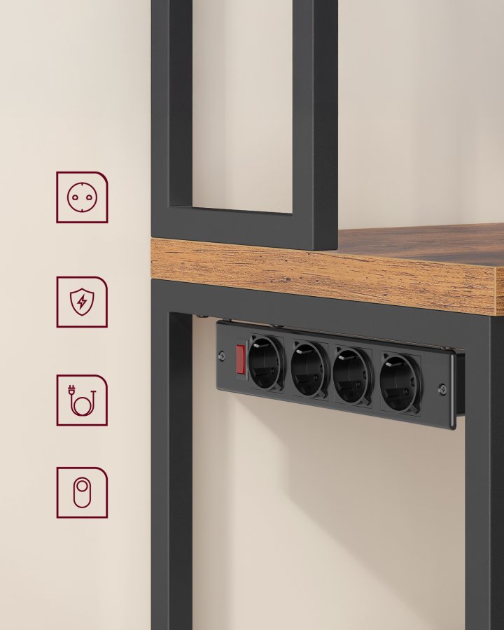 VASAGLE KKS058K02 K�kkenhylde med stikd�se, kaffebar med bordplade, h�jde 90 cm, mikrob�lgeovnsstativ med 8 kroge, 40 x 60 x 170 cm, rustik brun og bl�ksort