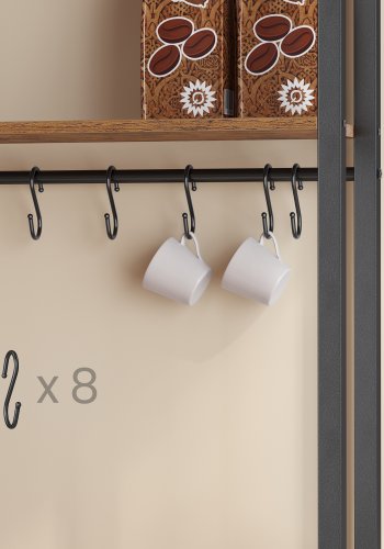VASAGLE KKS058K02 K�kkenhylde med stikd�se, kaffebar med bordplade, h�jde 90 cm, mikrob�lgeovnsstativ med 8 kroge, 40 x 60 x 170 cm, rustik brun og bl�ksort