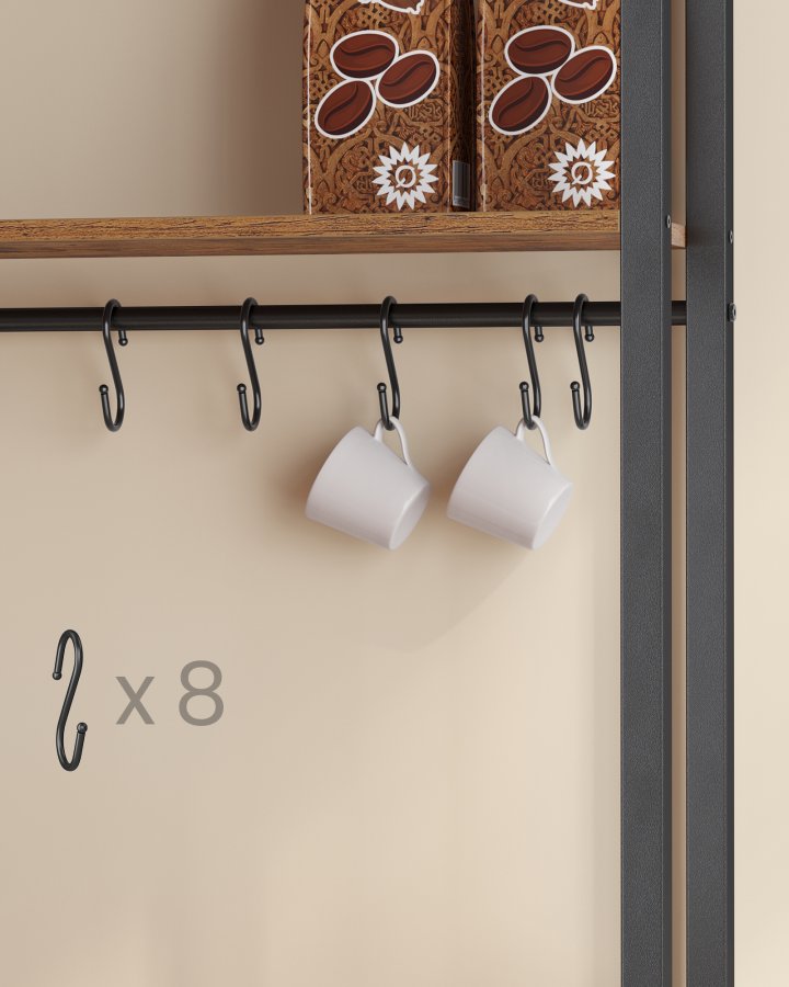 VASAGLE KKS058K02 K�kkenhylde med stikd�se, kaffebar med bordplade, h�jde 90 cm, mikrob�lgeovnsstativ med 8 kroge, 40 x 60 x 170 cm, rustik brun og bl�ksort