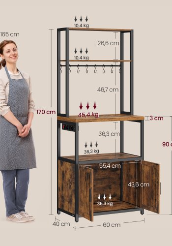 VASAGLE KKS058K02 K�kkenhylde med stikd�se, kaffebar med bordplade, h�jde 90 cm, mikrob�lgeovnsstativ med 8 kroge, 40 x 60 x 170 cm, rustik brun og bl�ksort