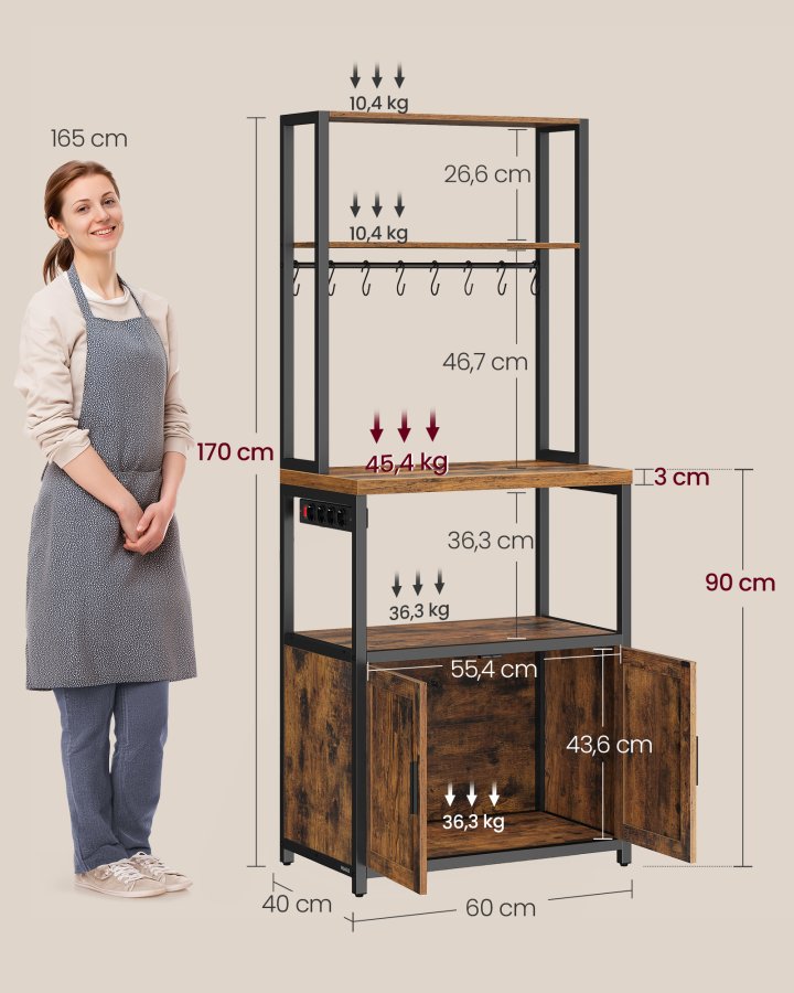 VASAGLE KKS058K02 K�kkenhylde med stikd�se, kaffebar med bordplade, h�jde 90 cm, mikrob�lgeovnsstativ med 8 kroge, 40 x 60 x 170 cm, rustik brun og bl�ksort