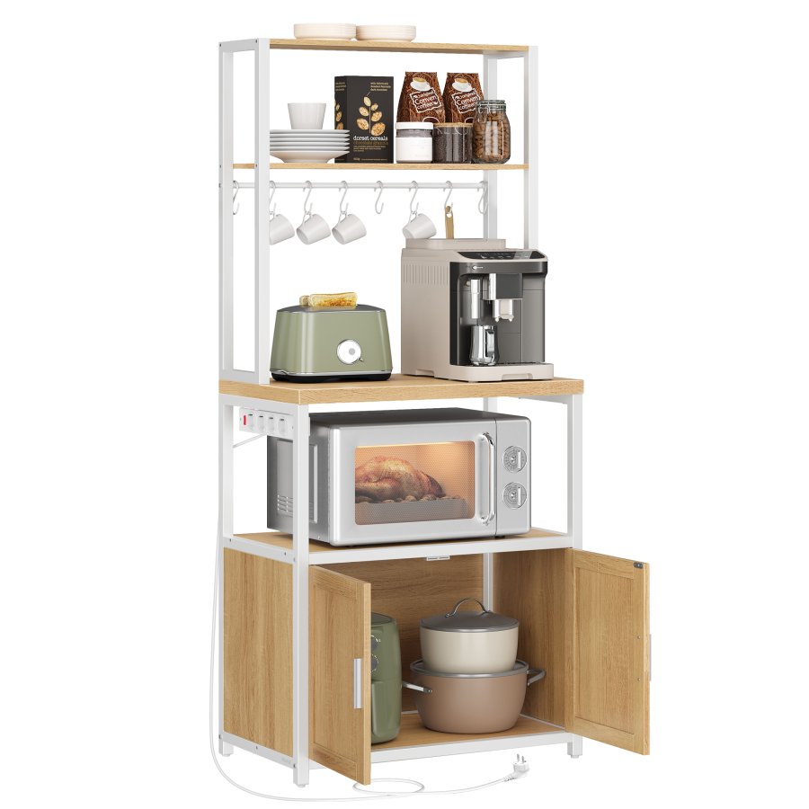 VASAGLE KKS058Y02 K�kkenreol med stikd�se, kaffebar med bordplade, h�jde 90 cm, mikrob�lgeovnsstativ med 8 kroge, 40 x 60 x 170 cm, eg guld og skyhvid