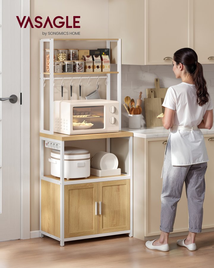 VASAGLE KKS058Y02 K�kkenreol med stikd�se, kaffebar med bordplade, h�jde 90 cm, mikrob�lgeovnsstativ med 8 kroge, 40 x 60 x 170 cm, eg guld og skyhvid