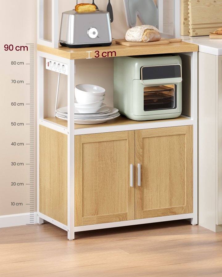 VASAGLE KKS058Y02 K�kkenreol med stikd�se, kaffebar med bordplade, h�jde 90 cm, mikrob�lgeovnsstativ med 8 kroge, 40 x 60 x 170 cm, eg guld og skyhvid