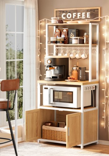 VASAGLE KKS058Y02 K�kkenreol med stikd�se, kaffebar med bordplade, h�jde 90 cm, mikrob�lgeovnsstativ med 8 kroge, 40 x 60 x 170 cm, eg guld og skyhvid