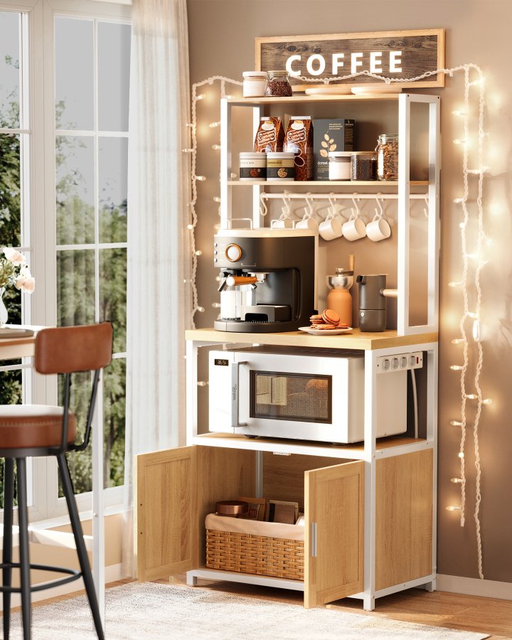 VASAGLE KKS058Y02 K�kkenreol med stikd�se, kaffebar med bordplade, h�jde 90 cm, mikrob�lgeovnsstativ med 8 kroge, 40 x 60 x 170 cm, eg guld og skyhvid