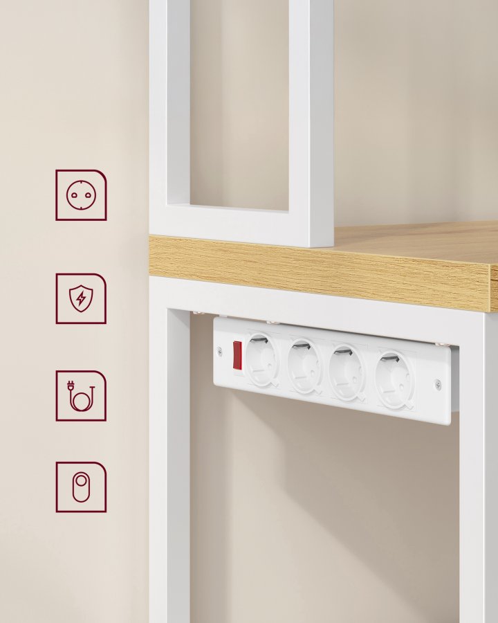 VASAGLE KKS058Y02 K�kkenreol med stikd�se, kaffebar med bordplade, h�jde 90 cm, mikrob�lgeovnsstativ med 8 kroge, 40 x 60 x 170 cm, eg guld og skyhvid