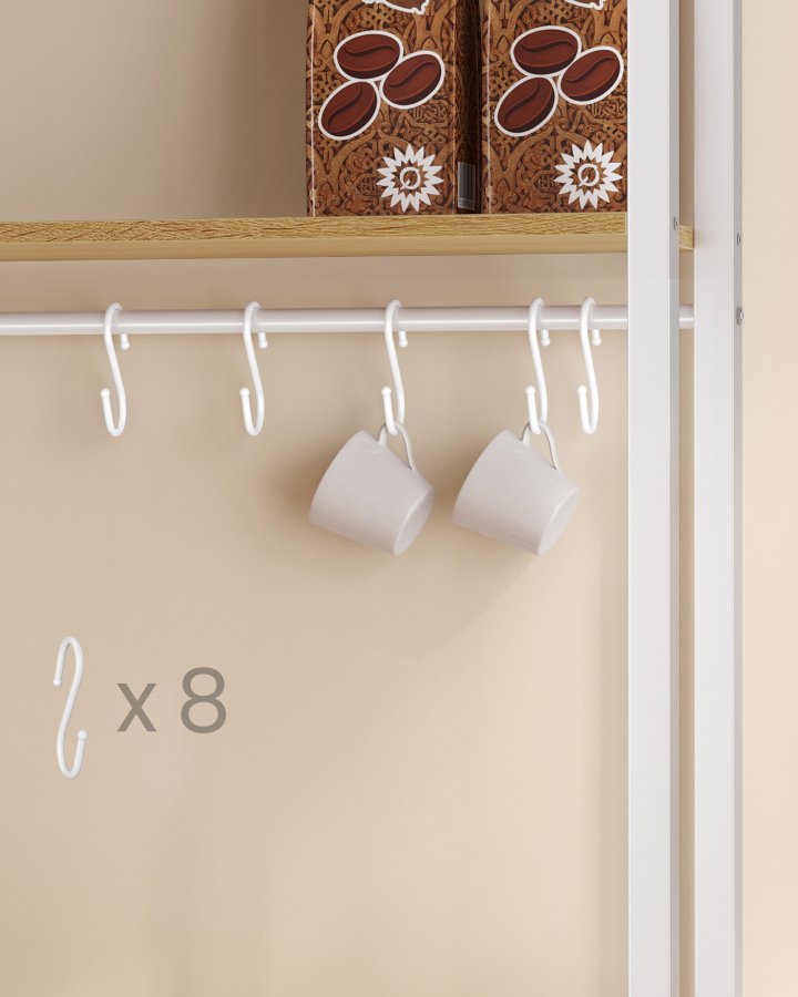 VASAGLE KKS058Y02 K�kkenreol med stikd�se, kaffebar med bordplade, h�jde 90 cm, mikrob�lgeovnsstativ med 8 kroge, 40 x 60 x 170 cm, eg guld og skyhvid