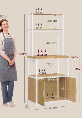 VASAGLE KKS058Y02 K�kkenreol med stikd�se, kaffebar med bordplade, h�jde 90 cm, mikrob�lgeovnsstativ med 8 kroge, 40 x 60 x 170 cm, eg guld og skyhvid