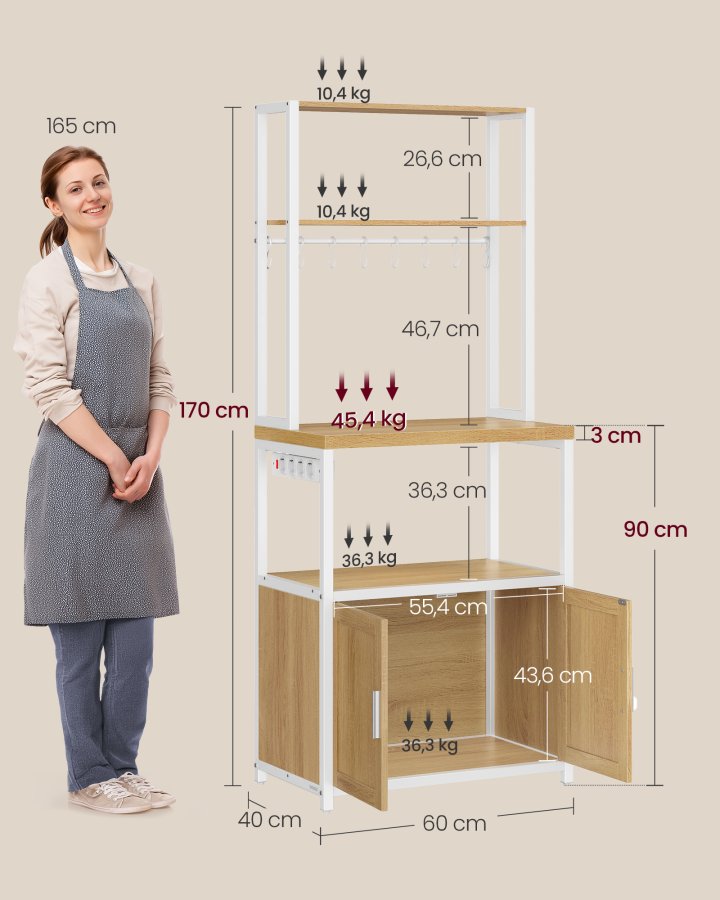 VASAGLE KKS058Y02 K�kkenreol med stikd�se, kaffebar med bordplade, h�jde 90 cm, mikrob�lgeovnsstativ med 8 kroge, 40 x 60 x 170 cm, eg guld og skyhvid