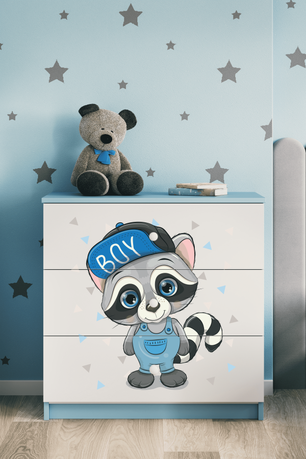 Babydreams barnekommode med vaskebjrn, m. 3 skuffer - hvit og bl laminat