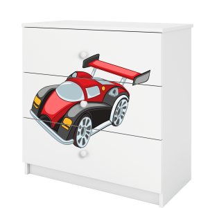 Babydreams brnekommode med racerbil, m. 3 skuffer - hvid laminat