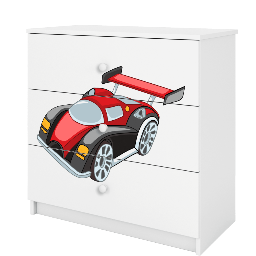 Babydreams barnekommode med racerbil, m. 3 skuffer - hvit laminat