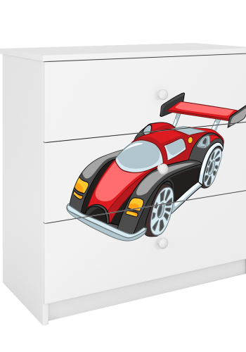 Babydreams barnekommode med racerbil, m. 3 skuffer - hvit laminat